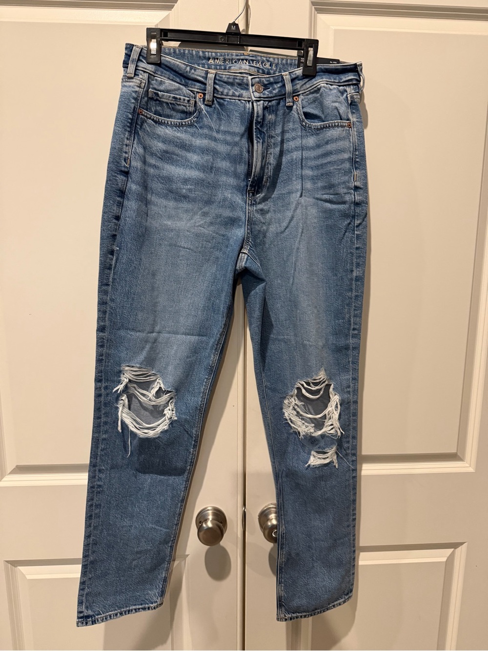 American Eagle Outfitters Strigid Mom Jeans with Knee Rips - Light Blue
